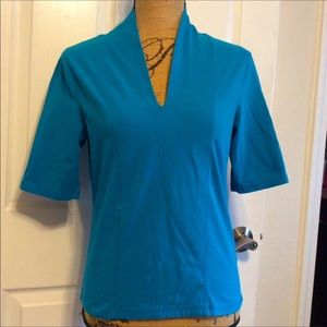 Rafaella turquoise blue cotton short sleeved v-neck top Summer Spring size M
